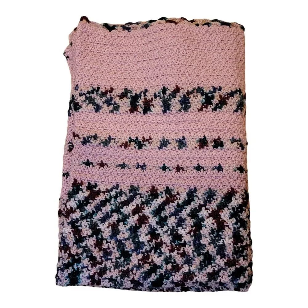 Vintage Handmade Crochet Pink And MultiColor‎ Stiped Afghan Blanket 38x53
